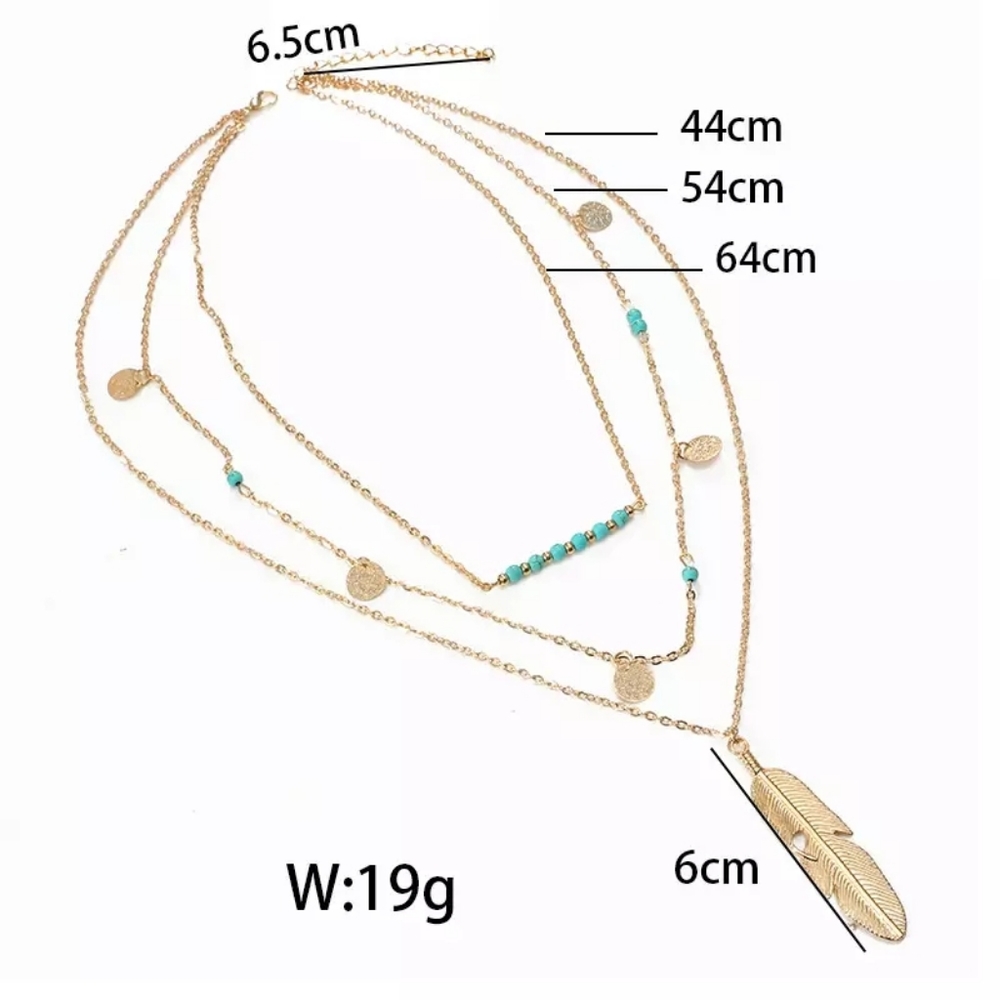 NEW Boho Turquoise Silver Feather Layered Necklace - Picture 7 of 8